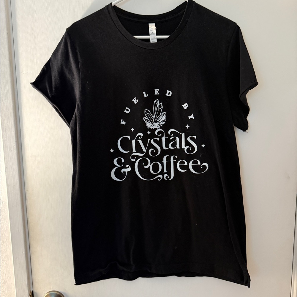 Black Graphic Tee with Crystals & Coffee Design
